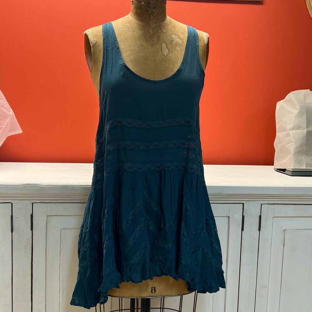 Voile and Lace Trapeze Slip. Color: Deep Turquoise